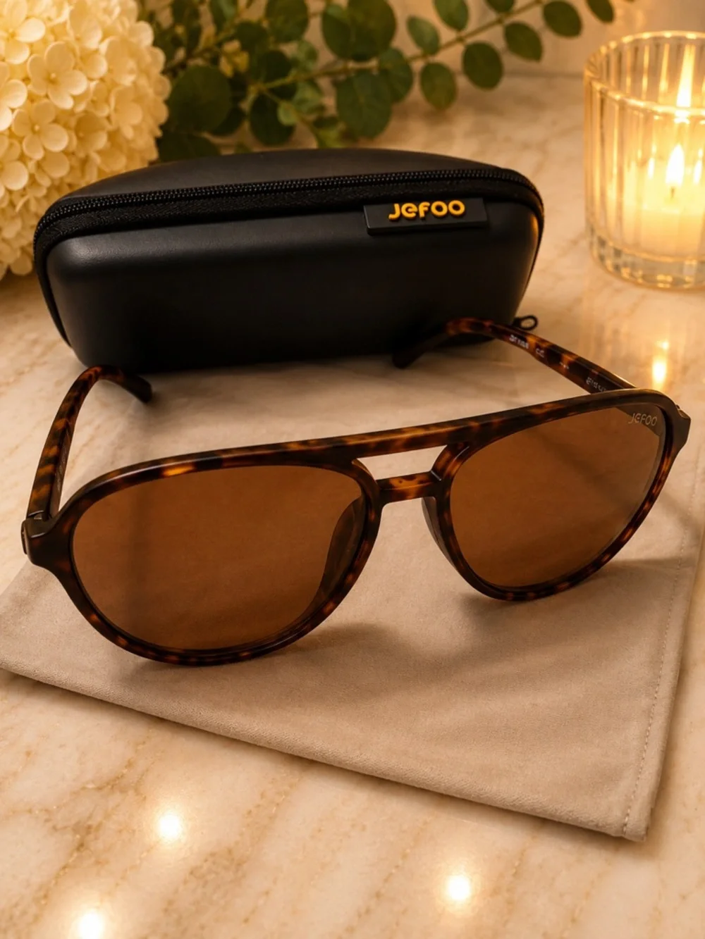 Jefoo Aviator Sunglasses Brown Lenses Tortoise Arms w/ Case & Pouch